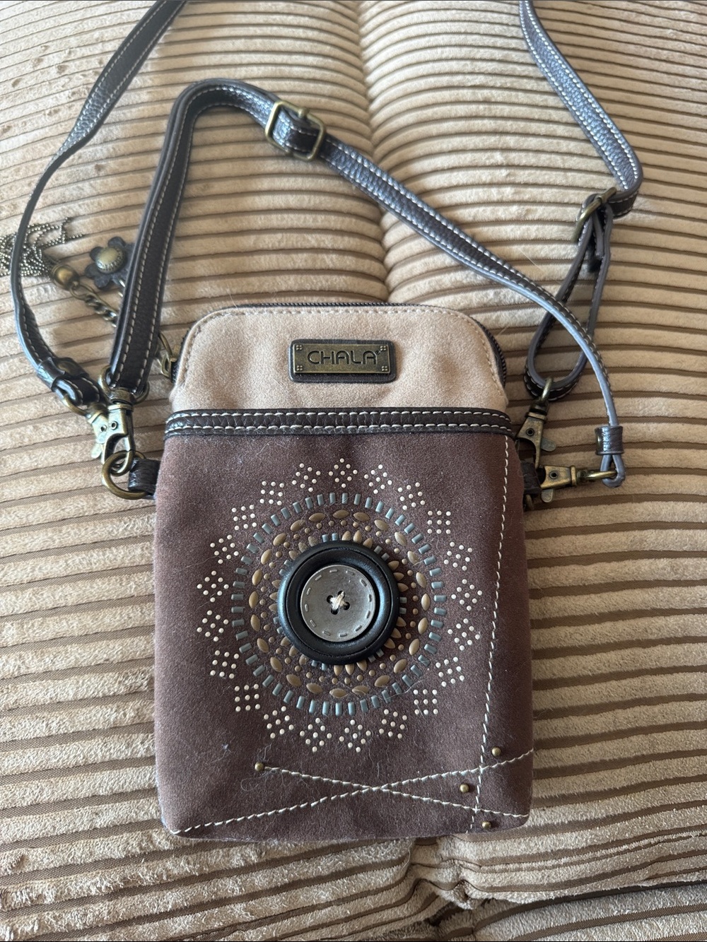 Chala Brown and Tan Suede Crossbody Phone Pouch with Embellished Medallion